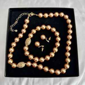 Champagne Faux Pearl Jewelry Set Necklace Bracelet Earrings